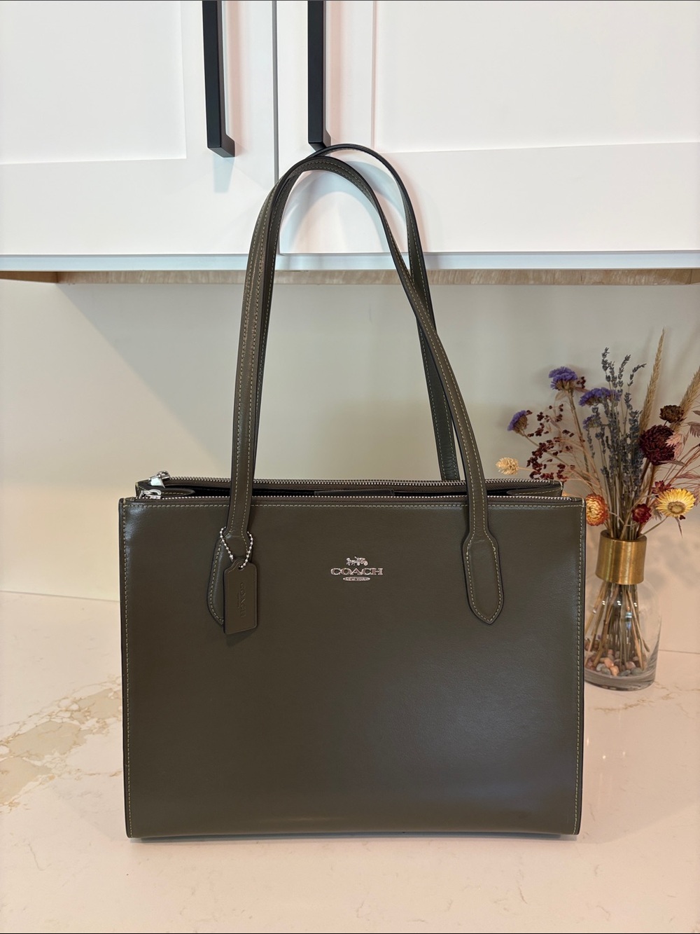 Coach Dark Olive Leather Double-Handle Tote